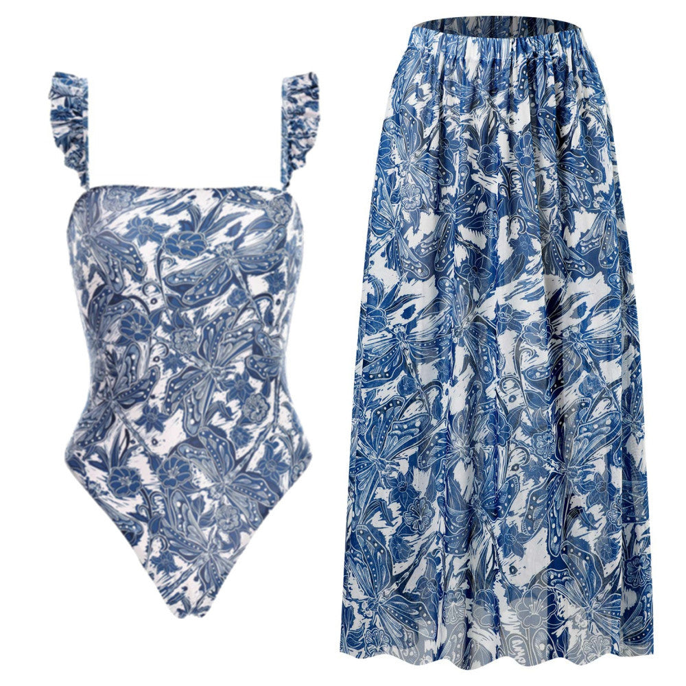 Flying Edge One Piece Women Swimwear European, French Retro Cover Belly Slimming Swimsuit Chiffon Beach Dress Bella Mia